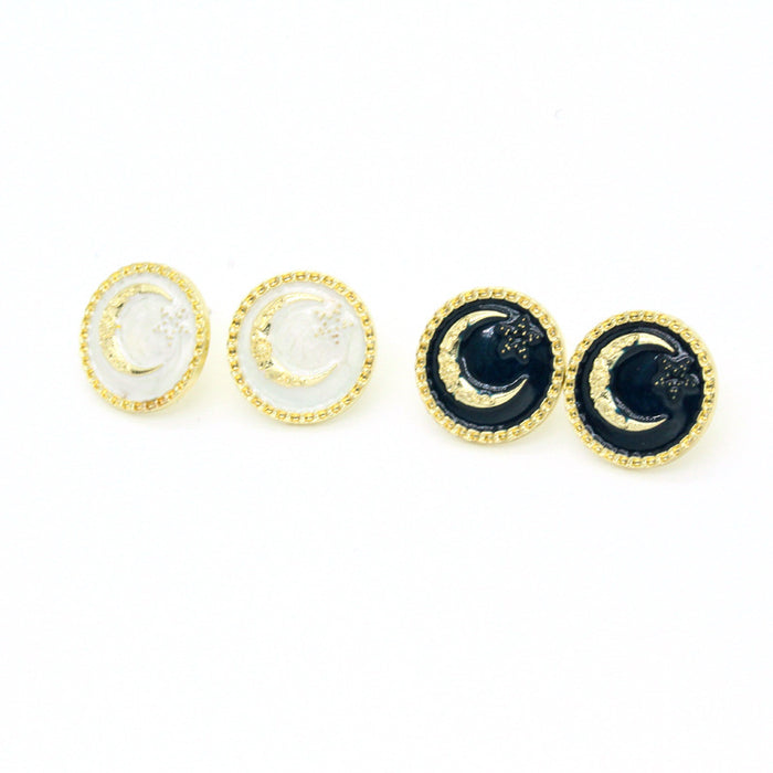 Gold Tone Round Crescent Moon Stud Earrings in Black and White