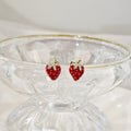 Red Enamel Strawberry Stud Earrings Crystal Leaf Gold view 2