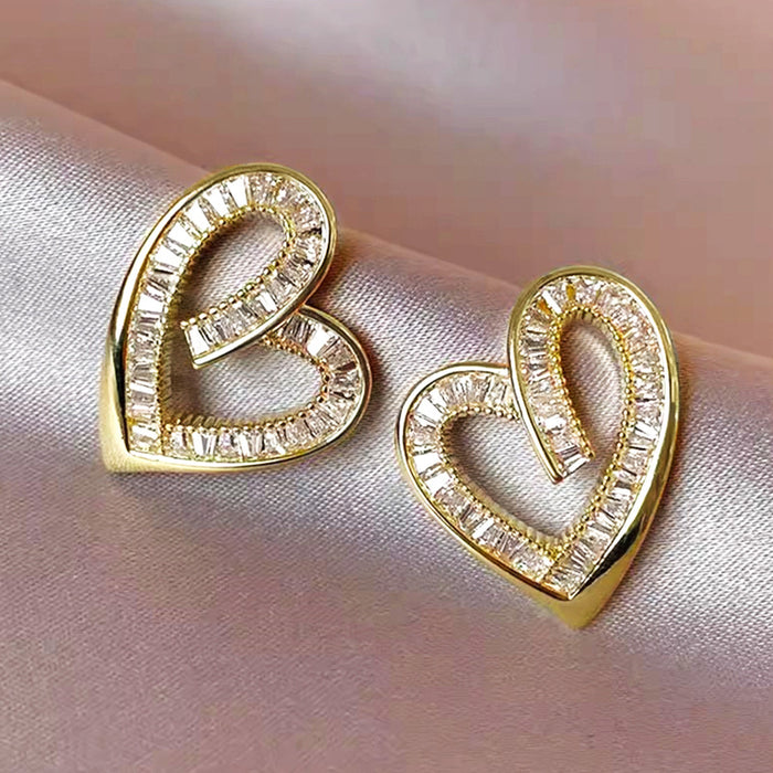 Gold Tone Double Open Heart Crystal Stud Earrings Fashion Jewelry
