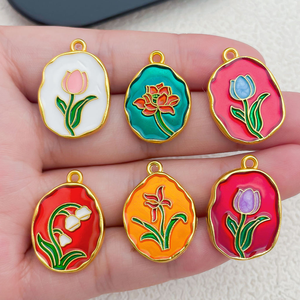 Enamel Zinc Alloy Tulip Rose Lily Flower Charm Pendant for DIY Bracelet Necklace