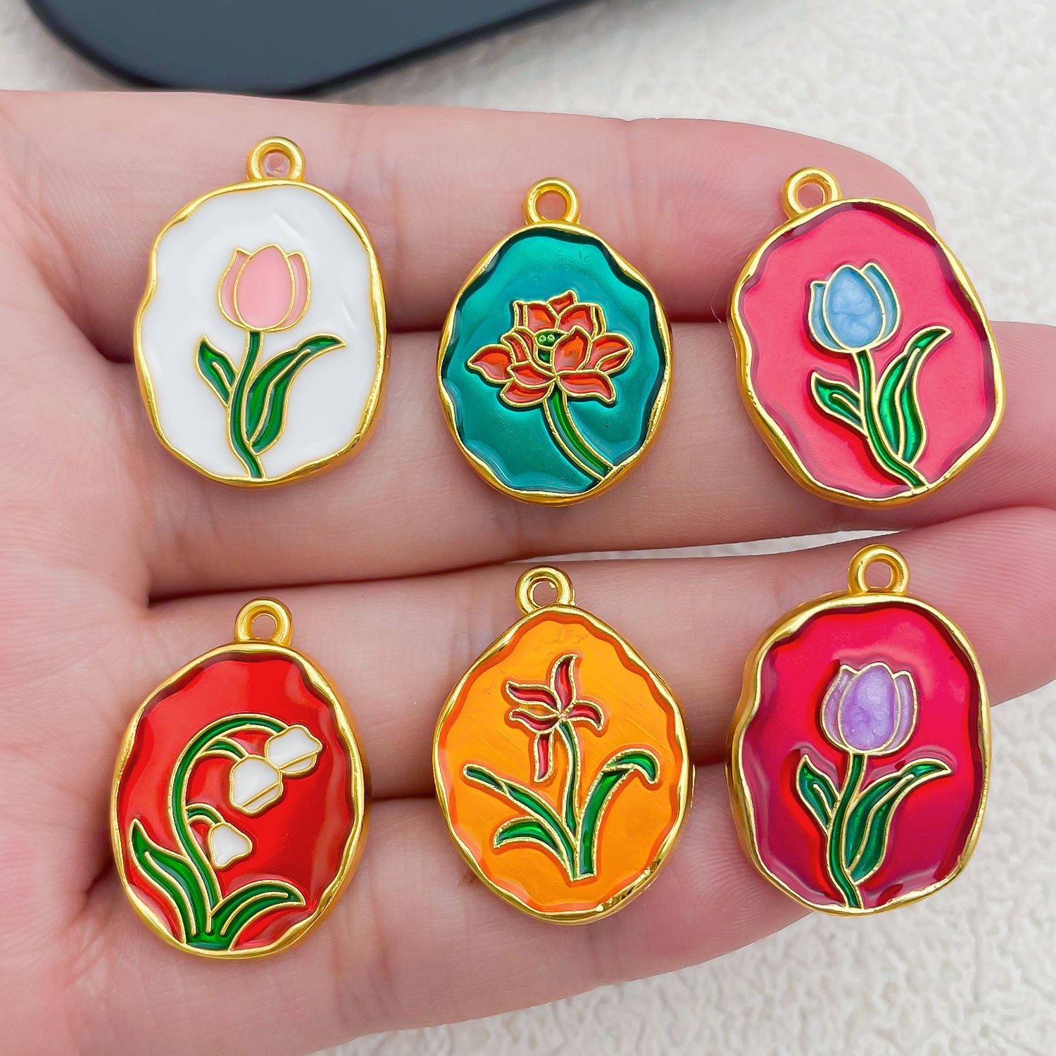 Enamel Zinc Alloy Tulip Rose Lily Flower Charm Pendant for DIY Bracelet Necklace