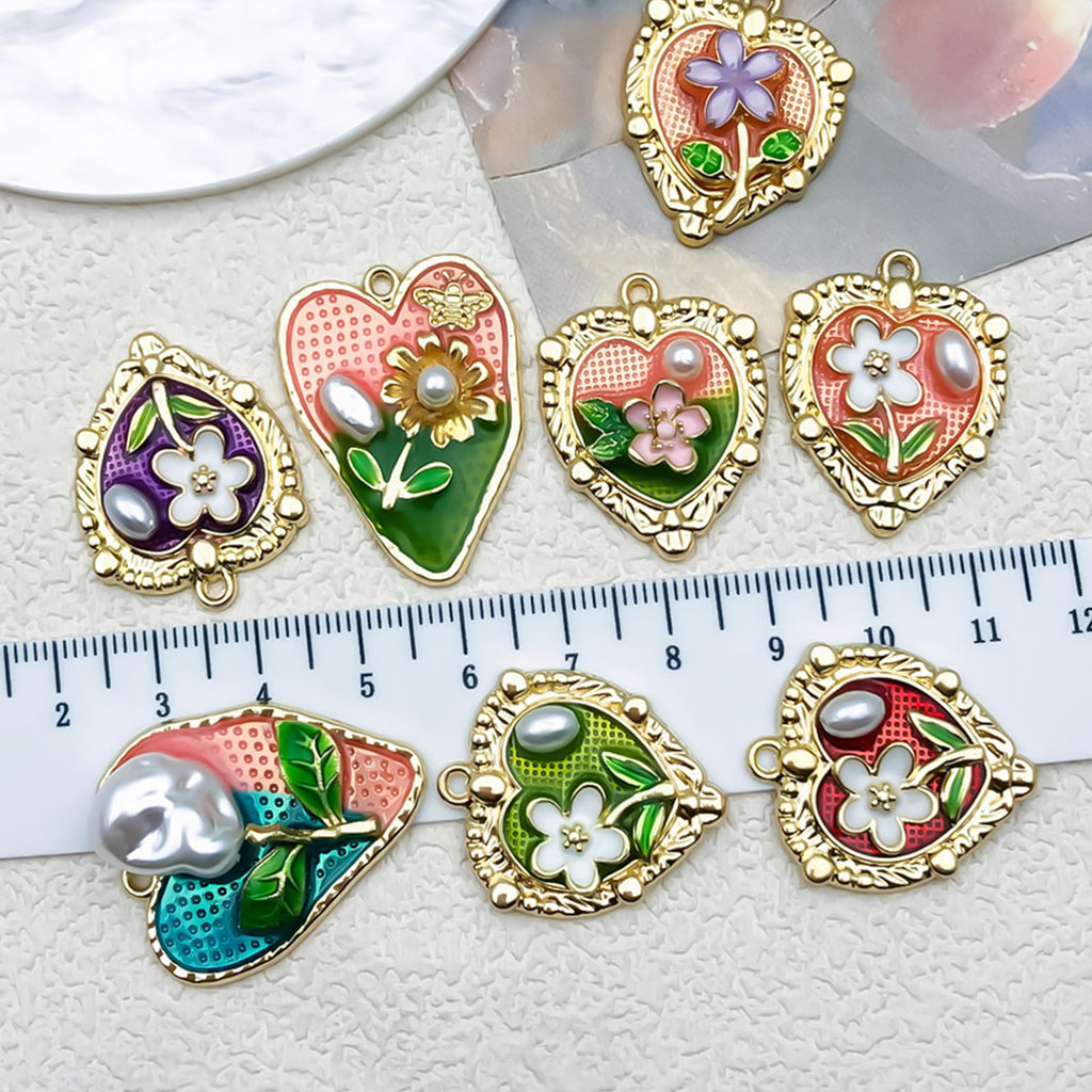 French Vintage Enamel Zinc Alloy Oil Painting Flower Charm Pendant for DIY Earrings Necklace