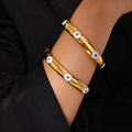 Gold Open Cuff Bangle Blue Evil Eye Enamel Accents view 4