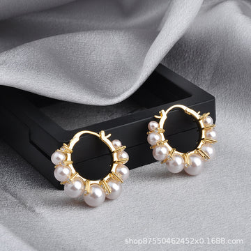Gold-Tone Small Hoop Earrings With Graduated Pearl Fringe