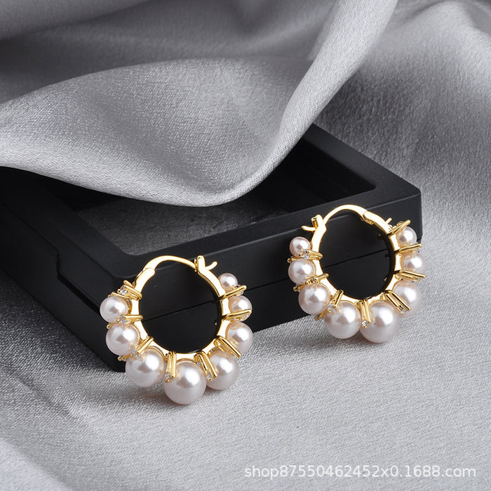 Gold-Tone Small Hoop Earrings With Graduated Pearl Fringe