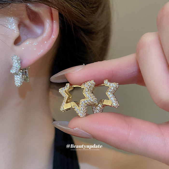 Silver Tone Rhinestone Double Star Huggie Earrings