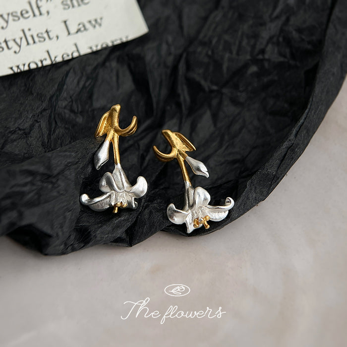 Two-Tone Gold Silver Frosted Lily Flower Stud Earrings