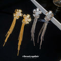 Floral Long Chain Tassel Stud Earrings in Silver and Gold Tones view 4