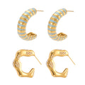 Gold Steel C Shape Pearl Shell Bead Enamel Stripe Earrings view 5
