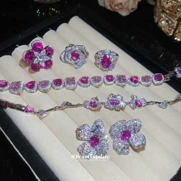 Silver Pink Crystal Flower Rings Bracelets Earrings