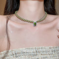 Green Bead Strand Necklace with Square Pendant Statement Jewelry Design view 1