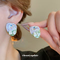 Purple and Green Painted Floral Square Stud Earrings view 2