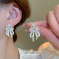 Silver Floral Stud Earrings With Pearl Tassels Statement Pair view 4