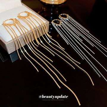 Long Chain Tassel Huggie Earrings in Silver and Gold Tones