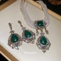 Multi Strand Pearl Green Teardrop Necklace Drop Earrings view 3