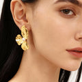 Wavy Shell Pearl Petal Flower Stud Earrings Gold Steel view 1