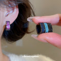 Black Metal Square Huggie Earrings with Crystal Rows view 2