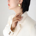 Irregular Oval Hammered Stud Earrings Enamel Rim Gold view 6
