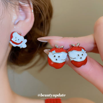 Red Apple and White Dog Enamel Character Stud Earrings