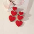 Beaded Triple Heart Tiered Drop Earrings Rhinestone Trim view 2