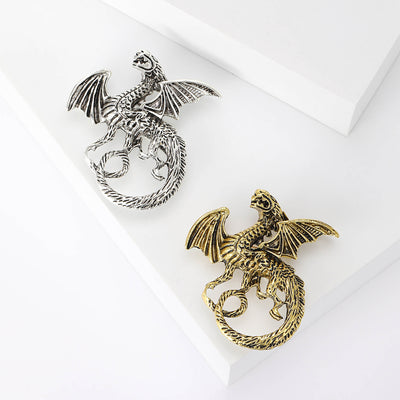 Front view of the antique flying dragon brooch and its color options