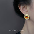 Gold Tone Round Ripple Stud Earrings Amber Center Cabochon Stones view 2