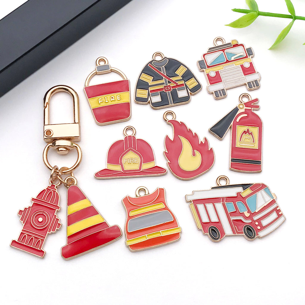 Enamel Zinc Alloy Fire Helmet Fire Truck Extinguisher Charm Pendant for DIY Jewelry