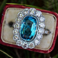 Sea Blue Cushion Halo White Gold Cubic Zirconia Finger Ring view 1