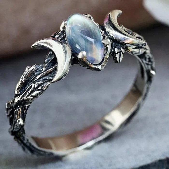 Opalescent Oval Moon Phase Ring In Antiqued Silver Tone