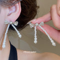 Silver Crystal Pearl V Necklace Bow Pearl Drop Earrings view 3