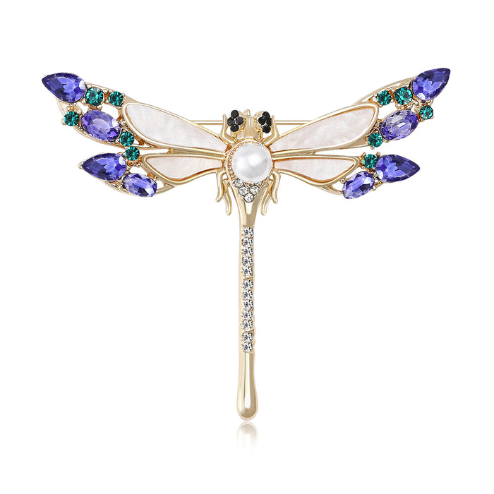 Dragonfly Brooch With Pearl and Blue Green Crystal Wings