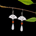 White Filigree Fan Red Bead Teardrop Hook Earrings view 2
