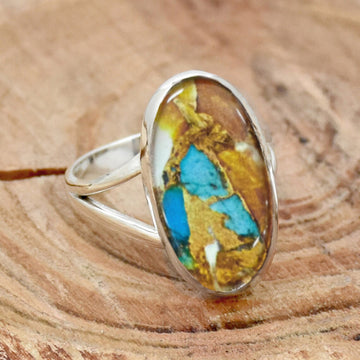 Silver-Tone Oval Marble Pattern Cabochon Split Shank Ring Sizes 6-10