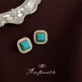Turquoise Square Cabochon Stud Earrings Cream Gold Frame view 3