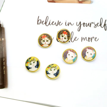 Gold Tone Round Printed Cat Portrait Stud Earrings in Three Designs