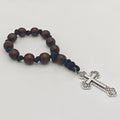 Brown Wood Bead Decade Bracelet Silver Filigree Cross view 3