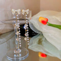 Crystal Bow Long Chain Pearl Tassel Statement Earrings view 3
