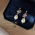 Gold Ball Stud Earrings Pink Planet Zircon Pearl Drops view 4
