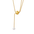 Gold Snake Chain Lariat Necklace Ball Slide Pearl Drop view 5