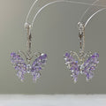 Purple Crystal Butterfly Hoop Drop Earrings in Silver Tone view 4