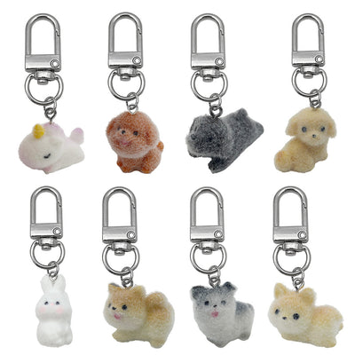 Overview showing the available color and design variations of the flocked resin dog rabbit and animal clasp keychain