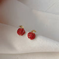 Red Rhinestone Apple Fruit Stud Earrings Gold Tone Leaf view 6