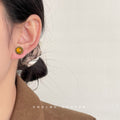 Amber Cabochon Round Stud Earrings Antique Gold Rim view 3