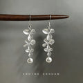 Silver Tone Long Leaf Branch And White Pearl Hook Earrings view 1