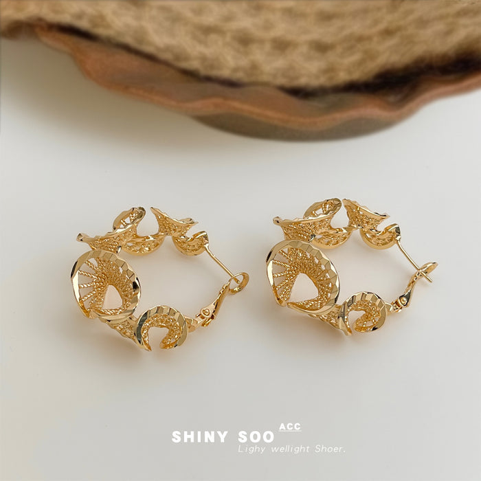 Gold Filigree Lace Leaf Geometric Hoop Earrings Latch