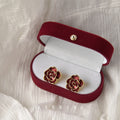 Wine Red Enamel Camellia Flower Stud Earrings Gold Tone Rim view 1