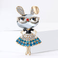 Gold Tone Rhinestone Bunny Girl Brooch Blue Red Skirt view 4