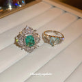 Silver Tone Green Rectangle Statement Ring With Clear Crystal Halo view 1