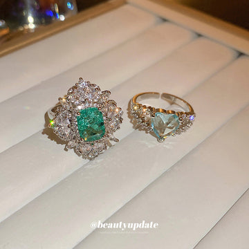 Silver Tone Green Rectangle Statement Ring With Clear Crystal Halo
