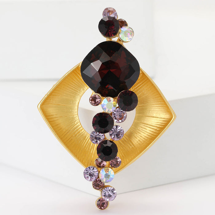 Gold Tone Open Square Brooch With Burgundy Crystal Cascade
